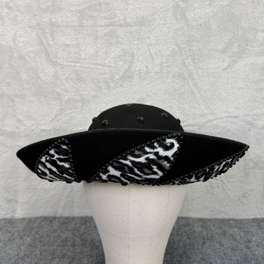 David M Hat Sun Womens Black Felt Wide Brim Beaded Animal Print VTG Derby Church